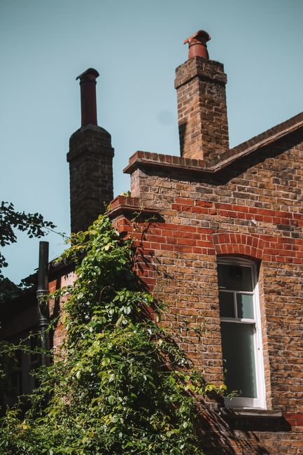 The image shows the upper section of a traditional brick house with a garden in the foreground. The house features a red brick exterior with a white-framed sash window below, and the roofline is accen